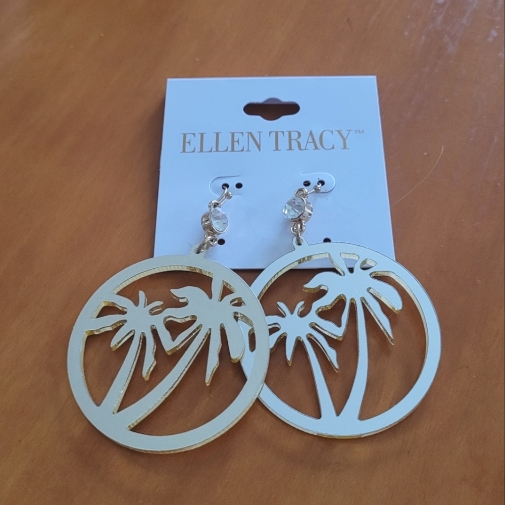 Ellen Tracy 90's Gold Aycrlic Palm Tree‎ Drop Earrings
